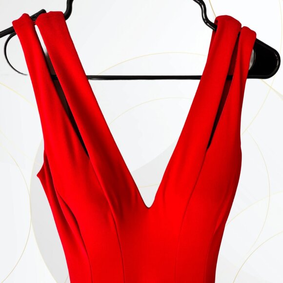 Halston Designer Plunge Neck Red Midi Dress - Picture 4 of 9